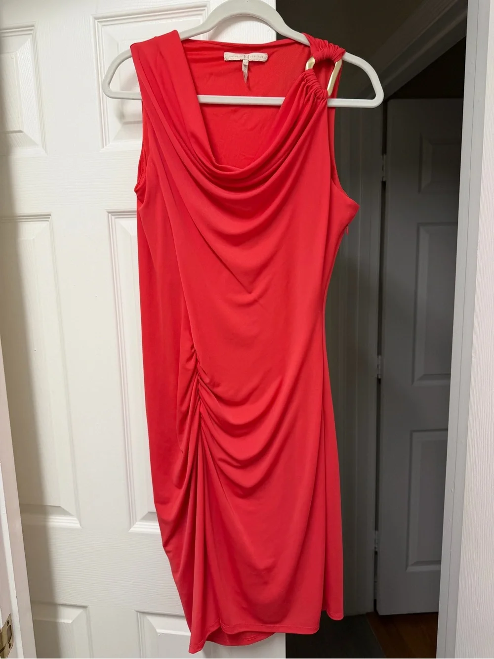 Halston Heritage Cowl Neck Ruched Dress Poppy Red Coral Size M